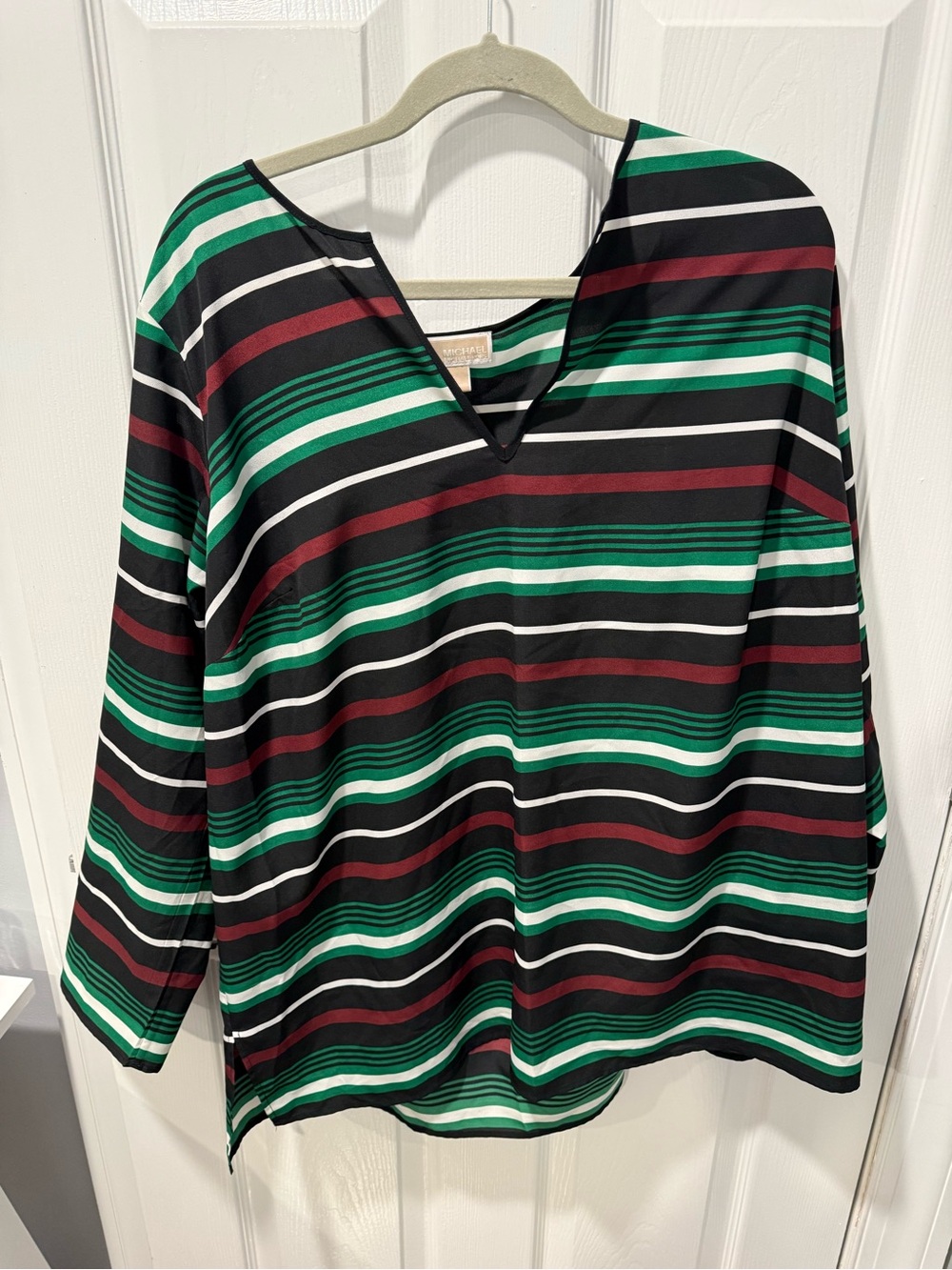 Michael Kors Striped V-Neck Long Sleeve Top - Black, Green & Burgundy
